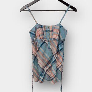 Garage plaid cotton babydoll top smocked back tie waist fits XS